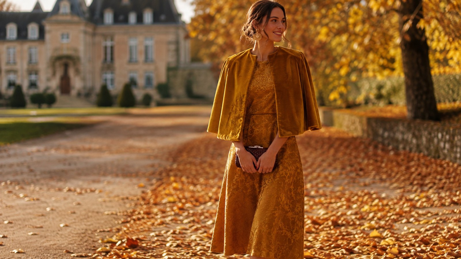 Look 7 : Robe midi moutarde et cape velours — invitée mariage automne
