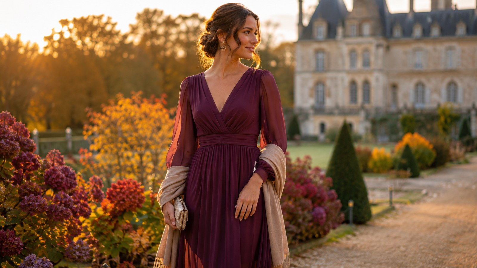 Look 5 : Robe longue mousseline prune — invitée mariage automne
