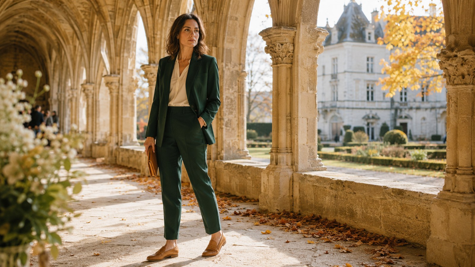 Look 2 : Tailleur pantalon vert sapin — invitée mariage automne